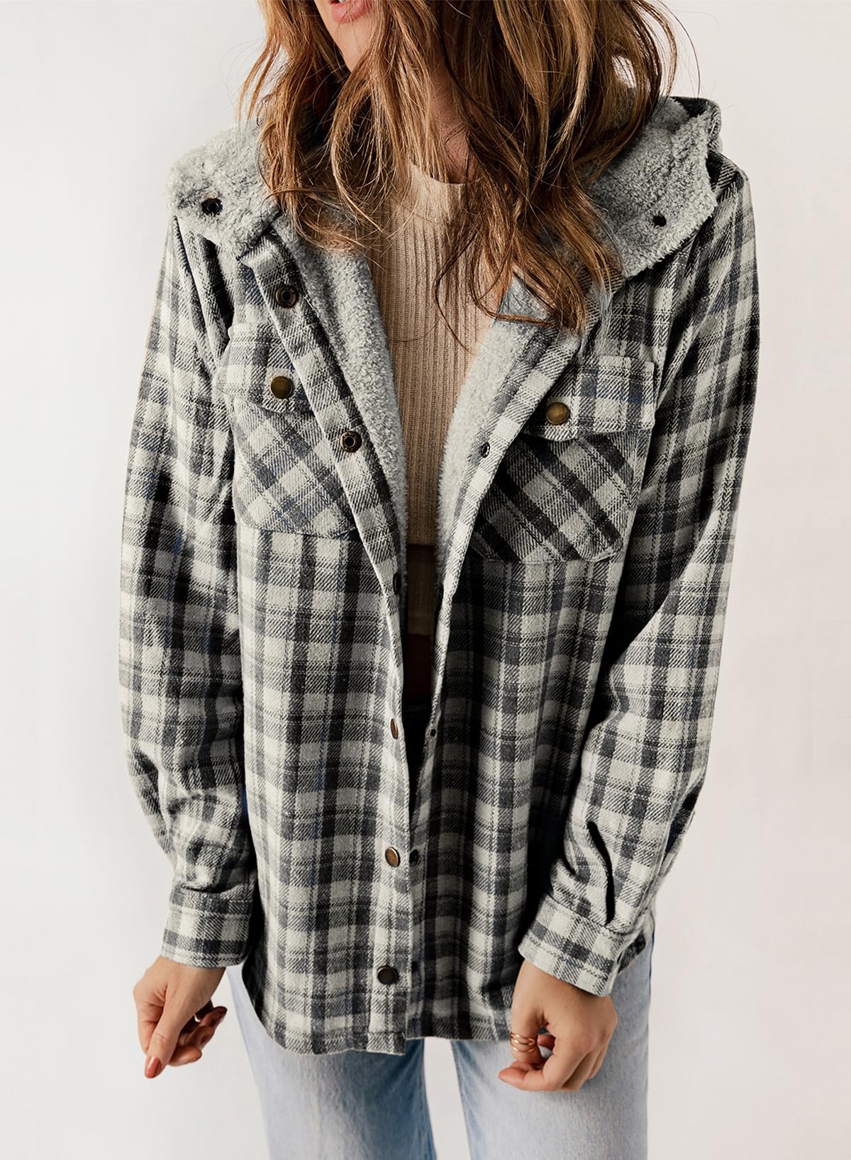 Women's Plaid Long Sleeve Button Fleece Hooded Jacket With Pockets (BUY 2 10% OFF)