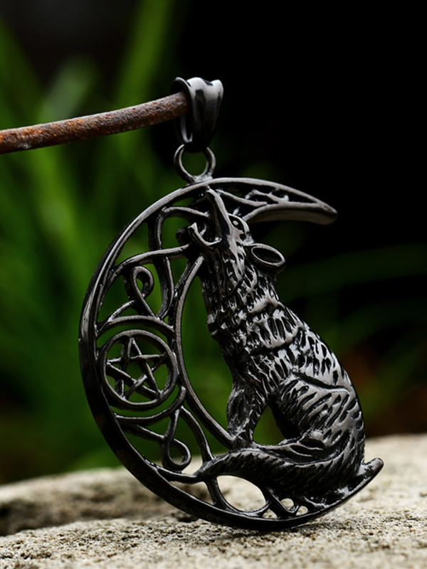 Mens Moon Wolf Stainless Steel Necklace