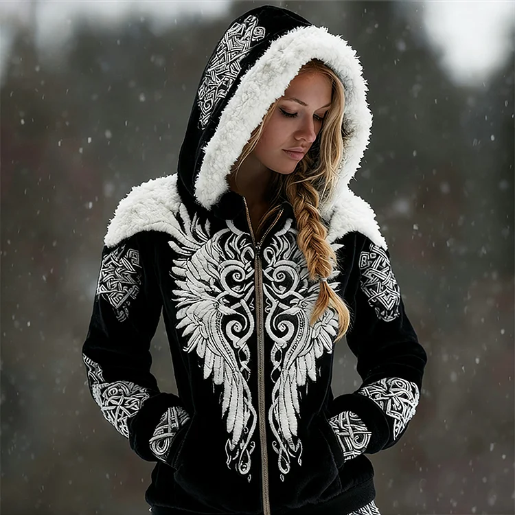 Viking Wings Celtic Contrast Cozy Plush Full Zip Hoodie