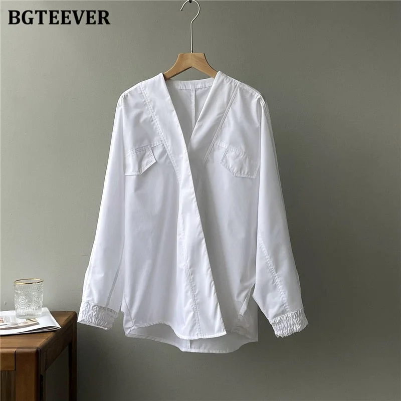 BGTEEVER Casual Oversized Solid Women Blouses Shirts V-neck Full Sleeve Loose Female Tops Shirts 2021 Autumn Ladies Blusas