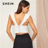 SHEIN Night Out Highstreet Beige Deep V Neck Layered Ruffle Trim Crop Tank Top Women Autumn Night Out Casual Tank Vests