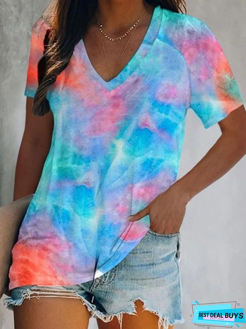 Tie Dye Printed Casual V Neck Loosen Short Sleeve T-Shirt