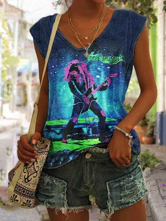 Women's Rock Electric Guitar Print Sleeveless T-Shirt