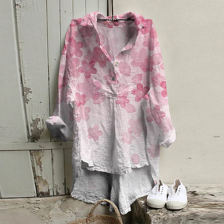Vintage Sakura Art Cotton Linen Button V Neck Casual Shirt