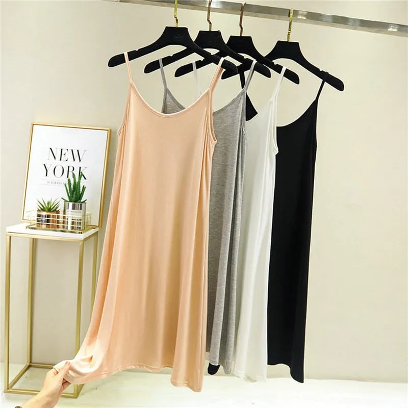 Vintage Solid Spaghetti Dress Women 2021 Elegant O Neck Long Sexy Modal Dresses Summer Autumn Korean Lady sleeveless Vestidos