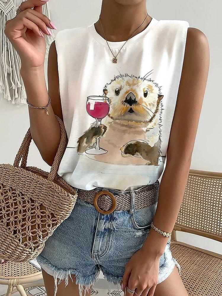 Women's Otter Wine Watercolor Art Print Casual Tank Top