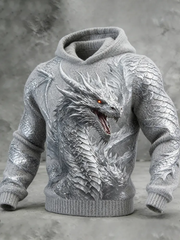 Silver Celtic Dragon Pattern Men's Cozy Hooded Sweater