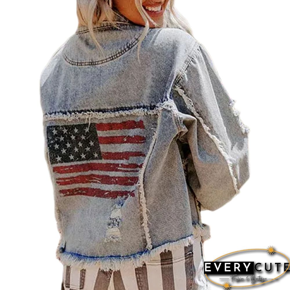 Light Blue Distressed Raw Hem Denim Jacket