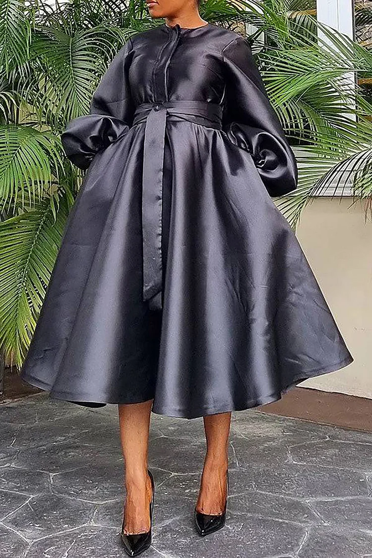 Plus Size Semi Formal Dress Black A Line Long Sleeve Lantern Sleeve Midi Dress With Belt [Pre-Order]