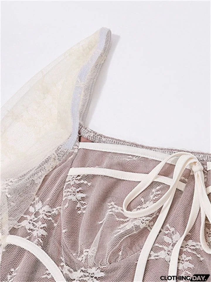 Flared Sleeve Ruffle Sexy Lace Dress for Ladies