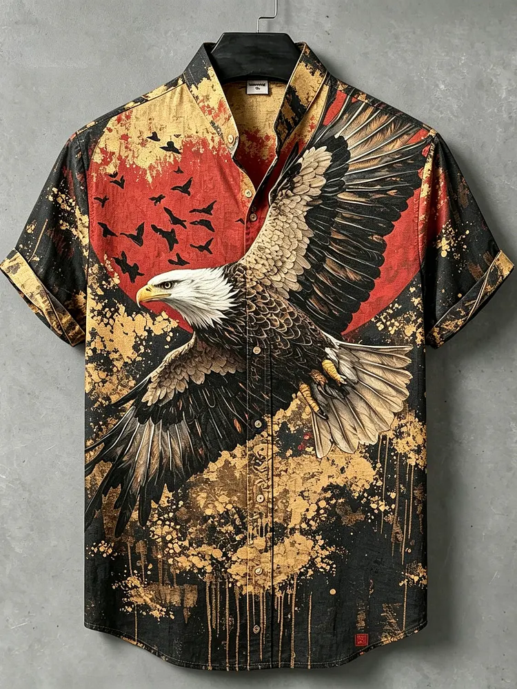 Men's Japanese Art Eagle Print Short-sleeve Shirt
