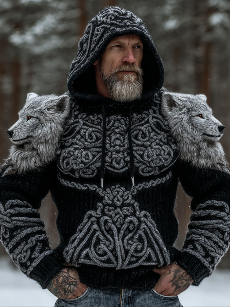 Men's Viking Style Wolf Totem Embroidered Celtic Knot Knitted Thick Hooded Sweater elevenforest