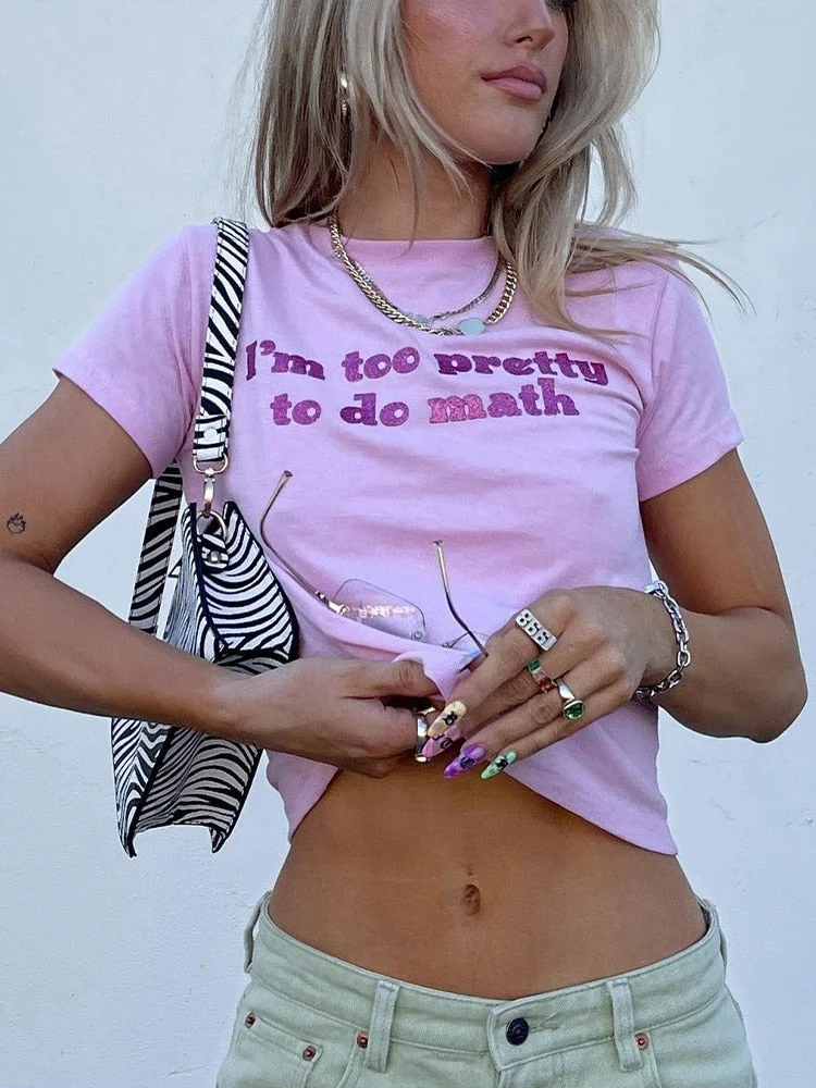 Jacqueline Summer 2022 Y2K Print Letter Crop Tops Women Fashion Cute Skinny Short Sleeve O Neck Baby T Shirts Aesthetics Kawaii