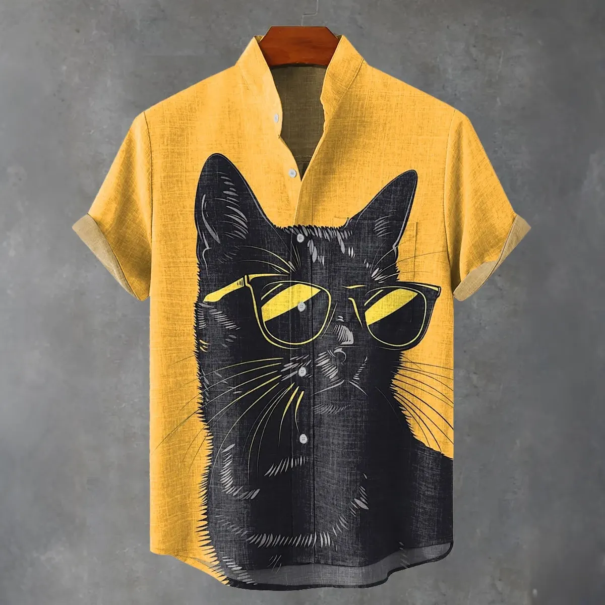 Men's Cool Cat Pattern Vintage Print Linen Blend Casual Shirt  artssus