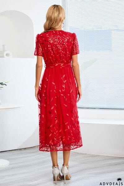 Sequin Leaf Embroidery Tie Front Short Sleeve Dress