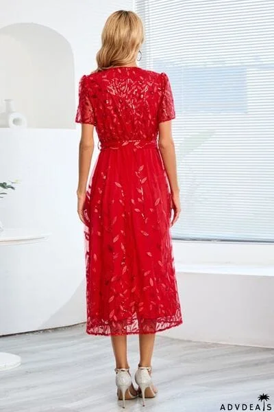 Sequin Leaf Embroidery Tie Front Short Sleeve Dress
