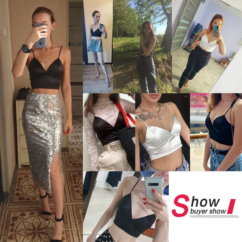 Sexy Satin Crop Tops Women Wireless Bralette Crochet Top Female Spaghetti Strap T-shirt Cropped with Chest Padded Camisole