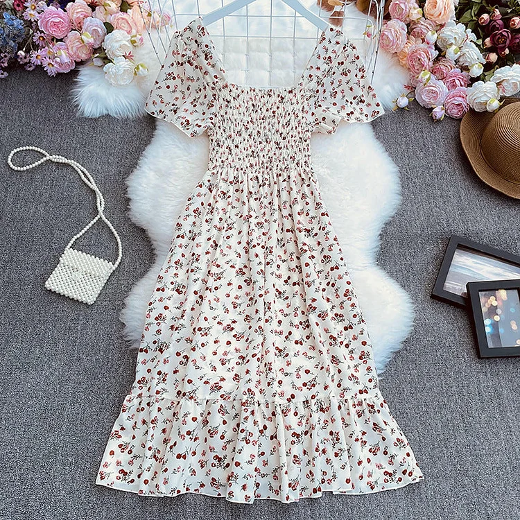 Shirred Ditsy Square Neck Floral & Heart Babydoll Smock Dress