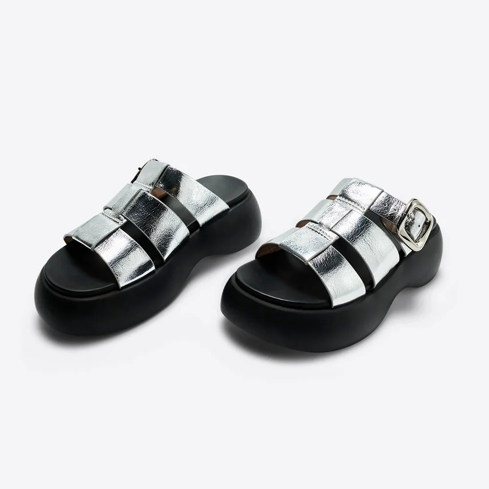 Silver Metallic Open Toe Chunky Heel Platform Buckle Mules Shoes