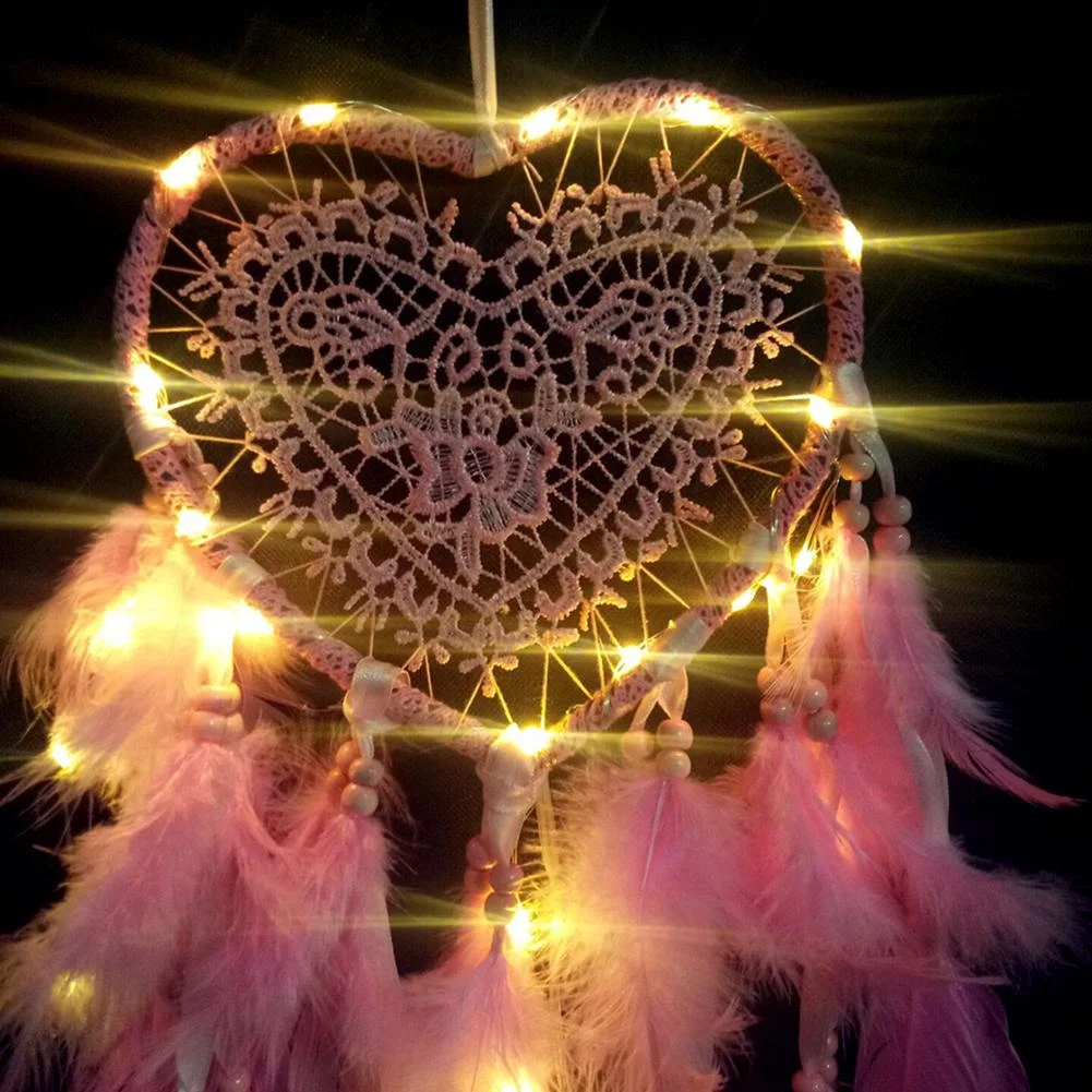 Heart Dream Catcher LED Light Feathers Wall Hanging Dreamcatcher (Pink)