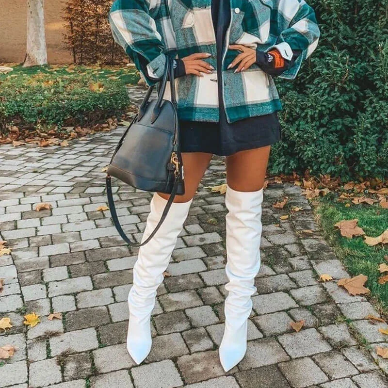 Trendy Pointed Toe Leather Western Thigh High Boots - White