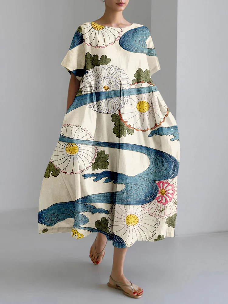 Comstylish Japanese Boho Flowers Art Linen Blend Maxi Dress