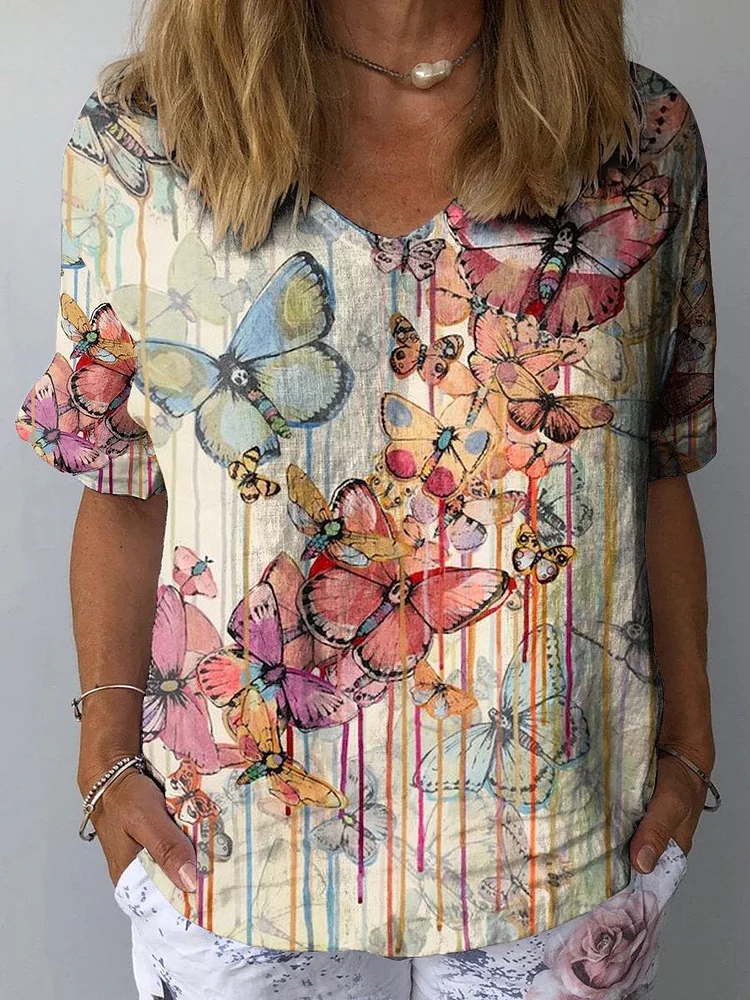 Women's Watercolor Butterfly Print Casual Cotton And Linen Shirt