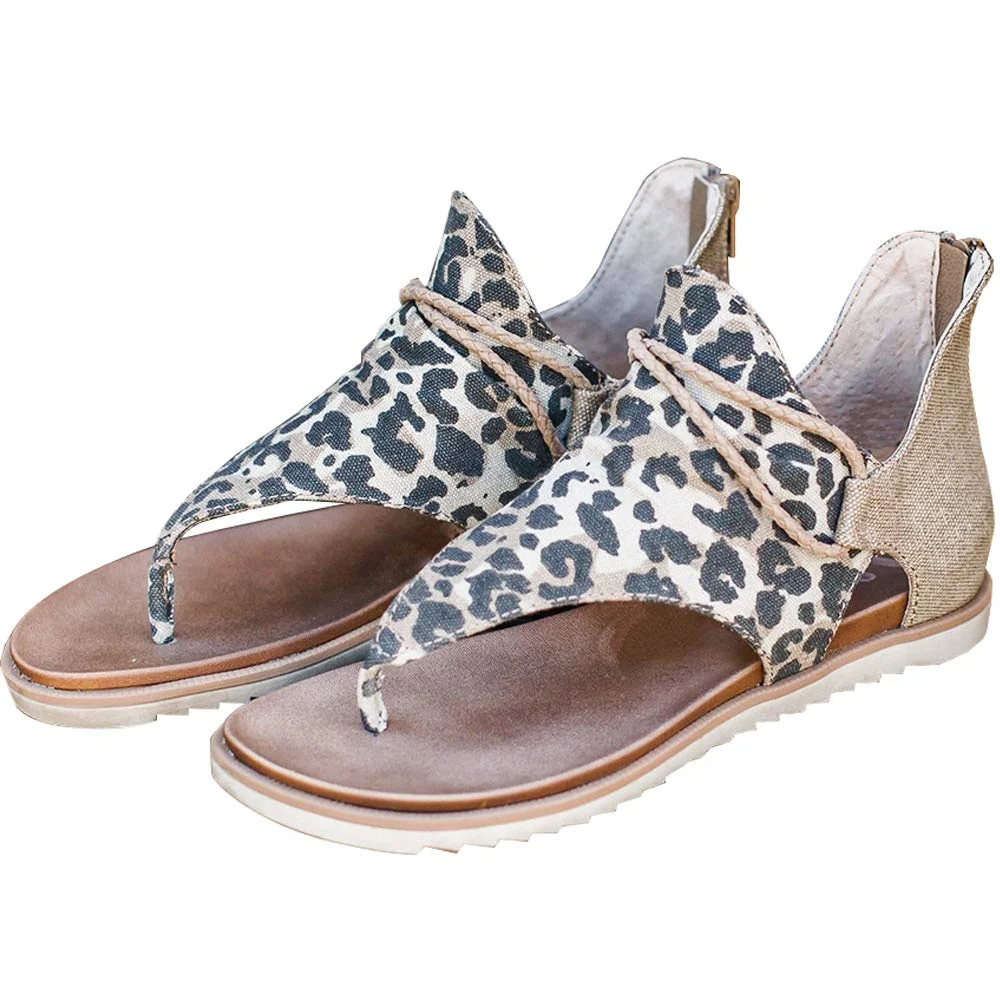 Summer Women Flats Sandals Fashion Strap Leopard PU Leather Bohemia Shoes Casual Open Toe Roman Gladiator Flip Flops Sandals