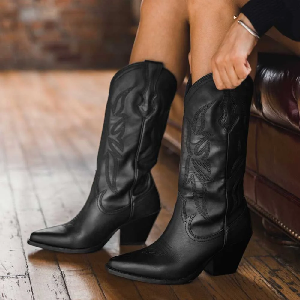 Chunky Heel Pointed Toe Pull On Western Mid Calf Boots in Black
