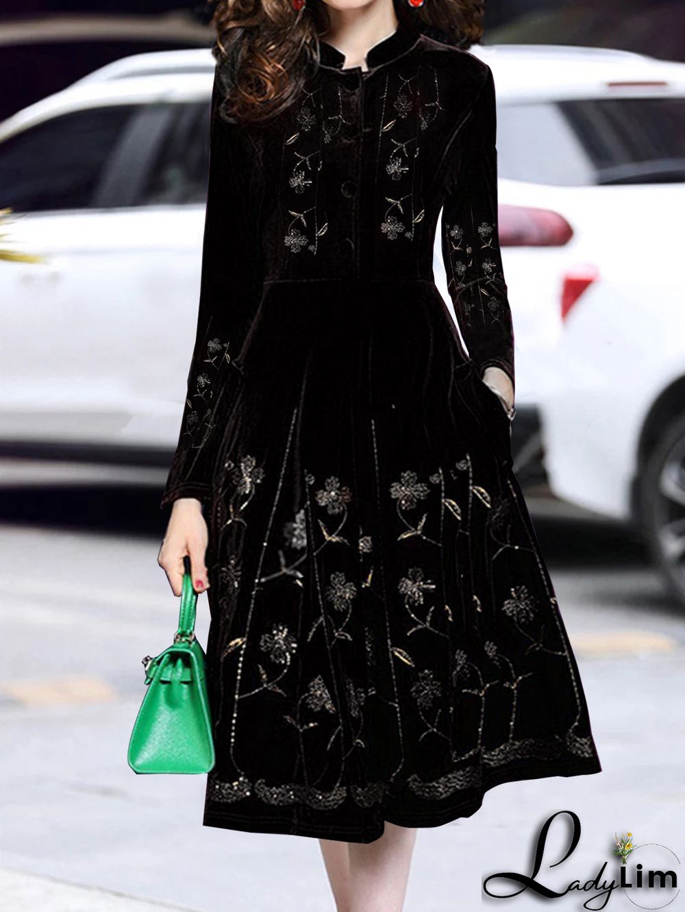 UR Casual Floral Stand Collar Button Long Sleeve Velvet Midi Dress