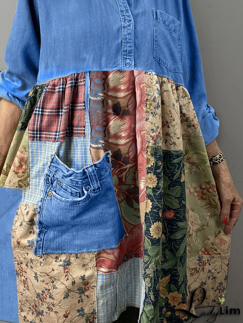 Casual Boho Patchwork Turndown Collar Denim Midi Dress