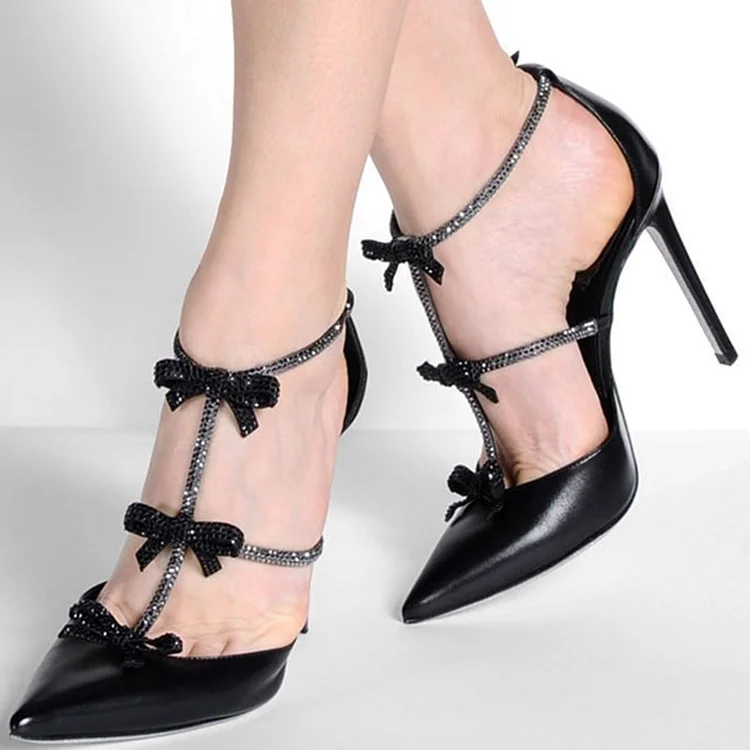 Black Rhinestone Pointed Toe Zipper Heels Office Bow Pumps Vdcoo
