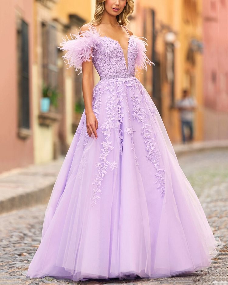 elegant feather leaf embroidery maxi dress