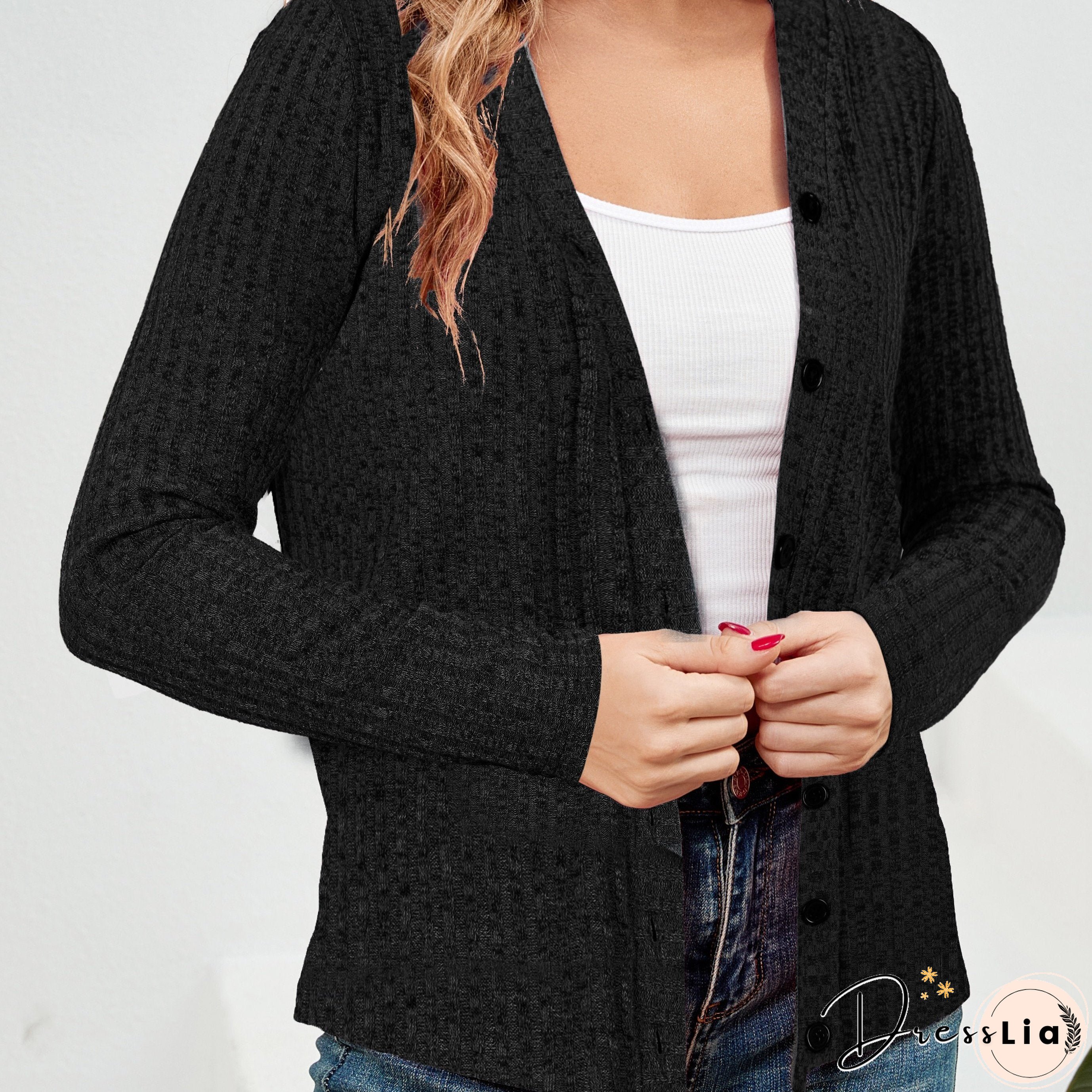 Elegant Button Down Knit Cardigan, Casual Long Sleeve Sweater, Women's Clothing