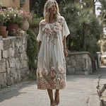 Women's Vintage Pink Rose Gradient Pattern Linen Crew Neck Dress - Image 2