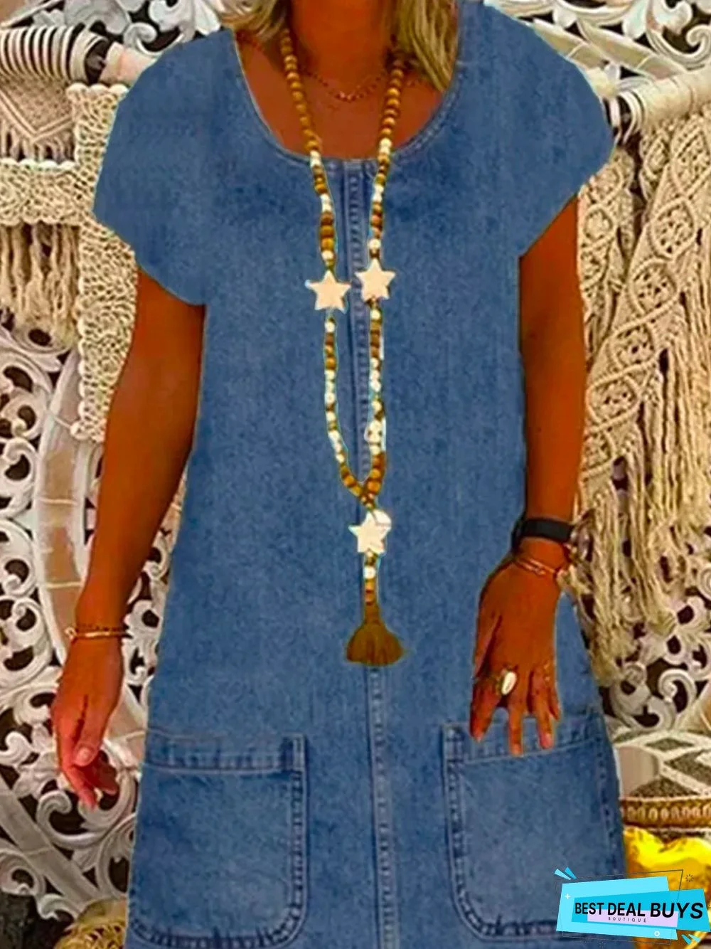 Denim Crew Neck Casual Weaving Dress