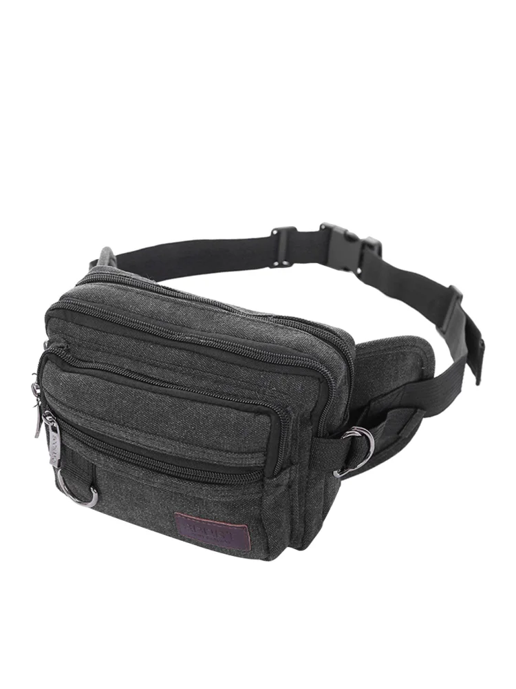 Men Vintage Travel Multi Pocket Belt Waist Pack Canvas Large Wallet (Black)