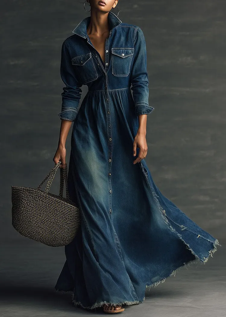 New Navy Peter Pan Collar Pockets Patchwork Denim Long Dress Fall