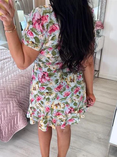 Light Blue Pink Floral Ruffle Dress