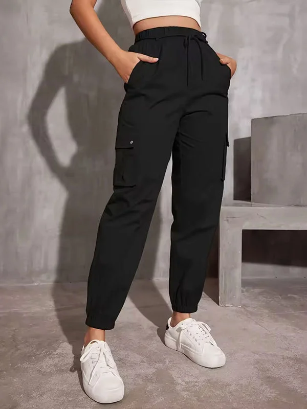 Tied Waist Split-Joint Solid Color Pockets Elasticity High Waisted Trousers Cargo Pants