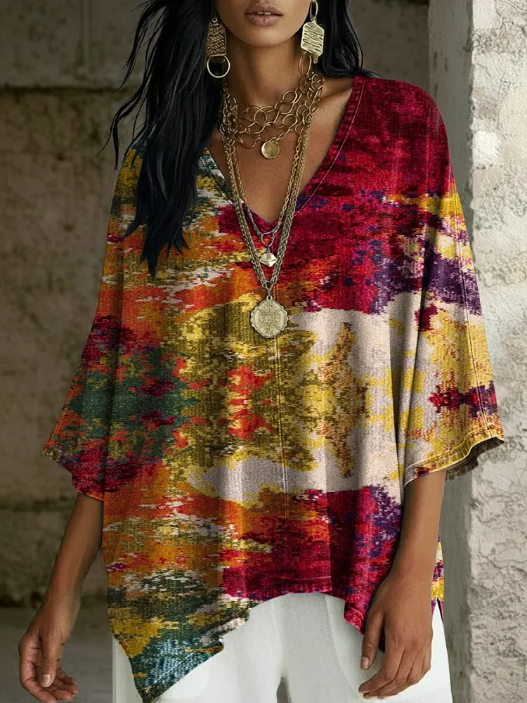 Women's Fashion Abstract Print V-neck Loose Shirt
