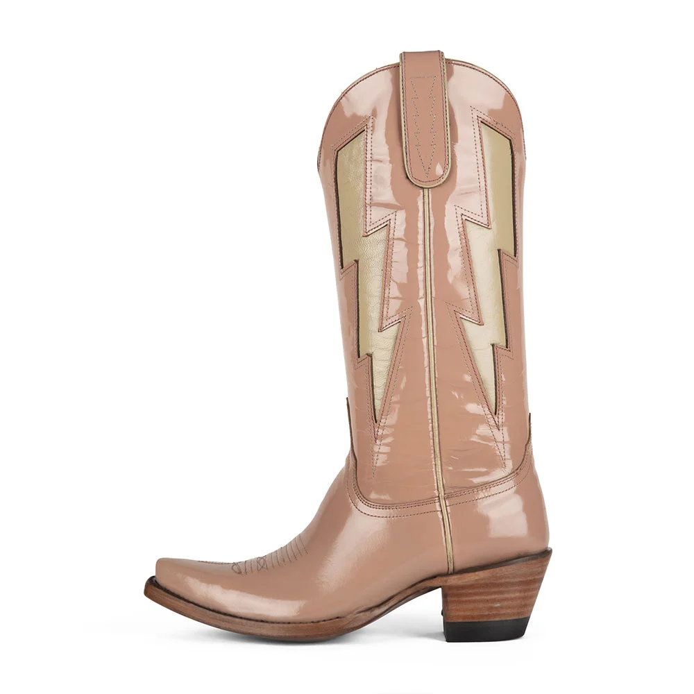 Nude Patent Leather Snip Toe Lightning Inlay Cowgirl Boots for Women