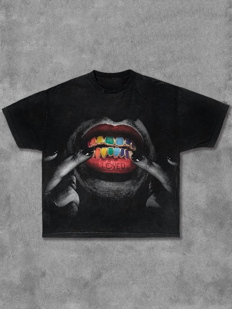 Hippie Mouth Print Short Sleeve T-shirt