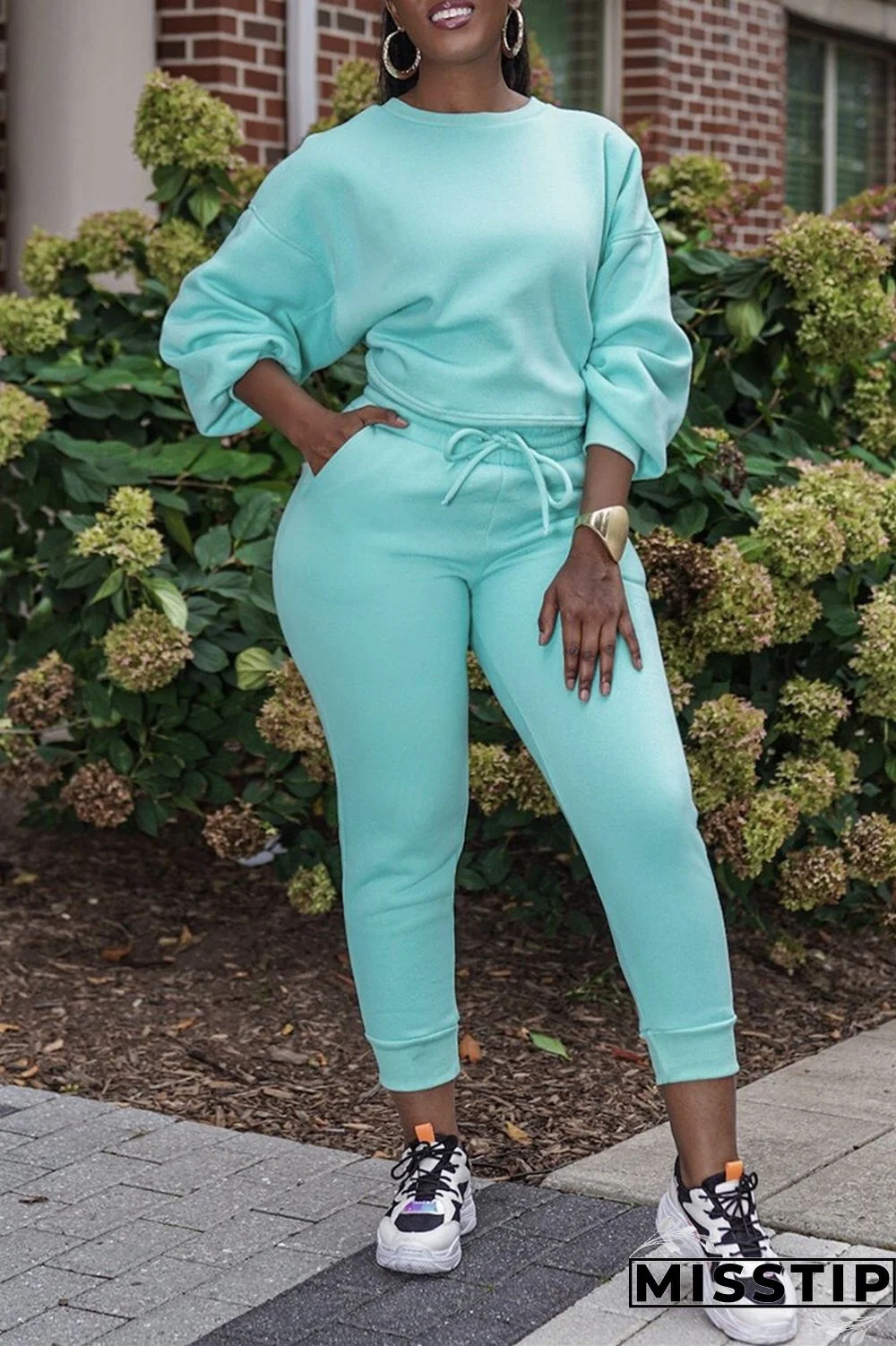 Blue Fashion Casual Solid Basic O Neck Long Sleeve Two Pieces