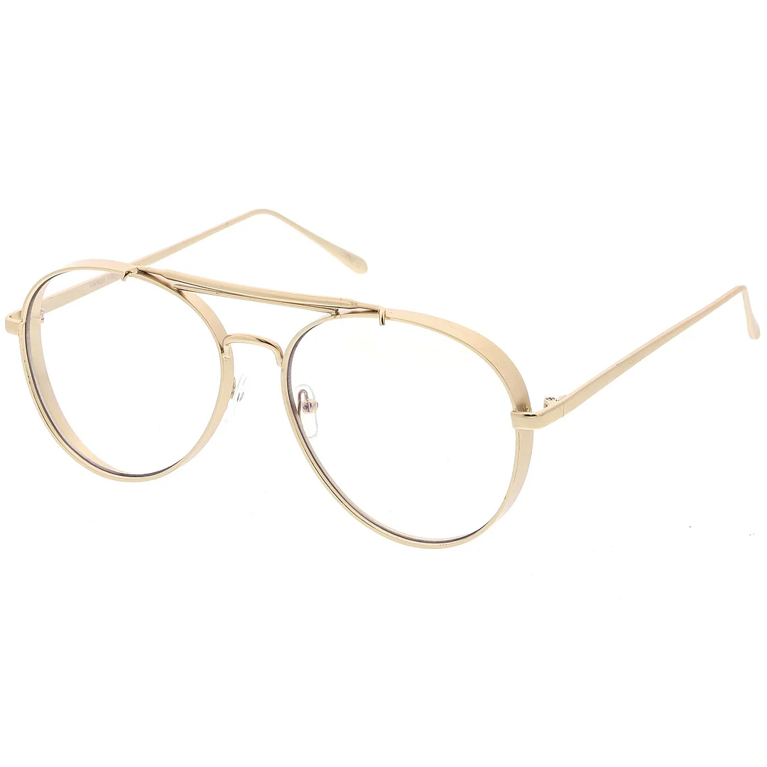 Oversize Metal Aviator Eyeglasses With Triple Crossbar Side Cover Clear Flat Lens 60mm