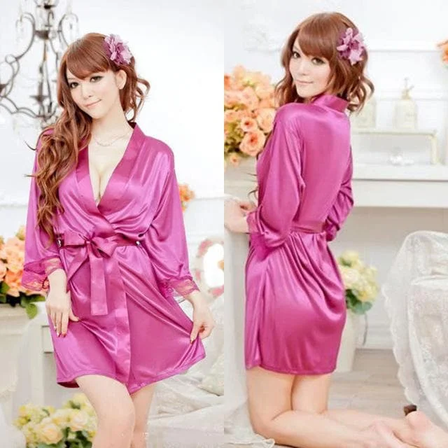 3 Colors Satin Lace Sleepwear Robe Night Gown Bathrobes Lingerie Set SP1812389