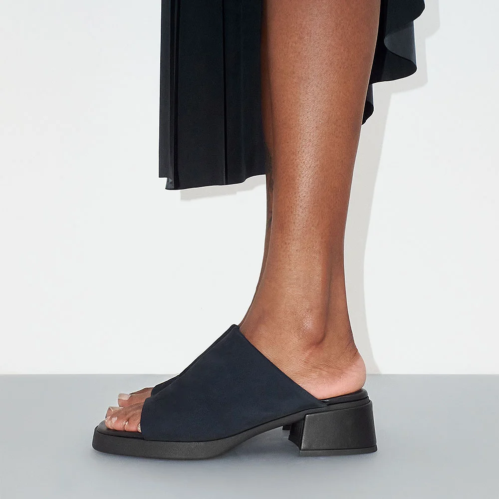 Women's Lycra Square Toe Chunky Heel Backless Mules Shoes in Navy