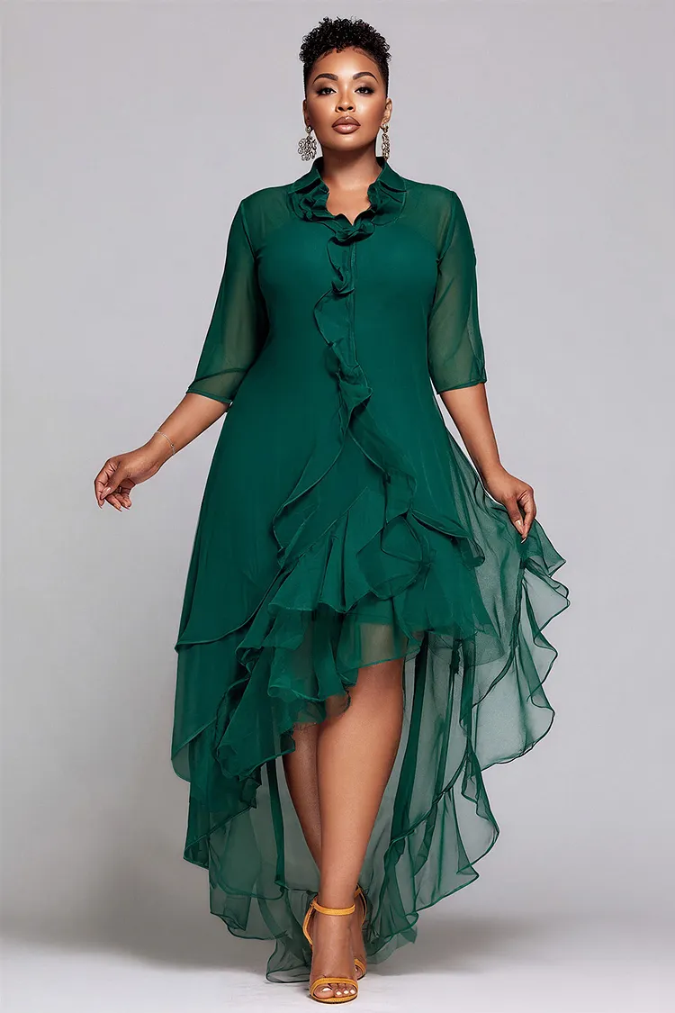 Xpluswear Design Plus Size Vacation Emerald Green Shirt Collar Half Sleeve High Low Hem Ruffle Chiffon Midi Dresses [Pre-Order] 2024 - Xpluswear