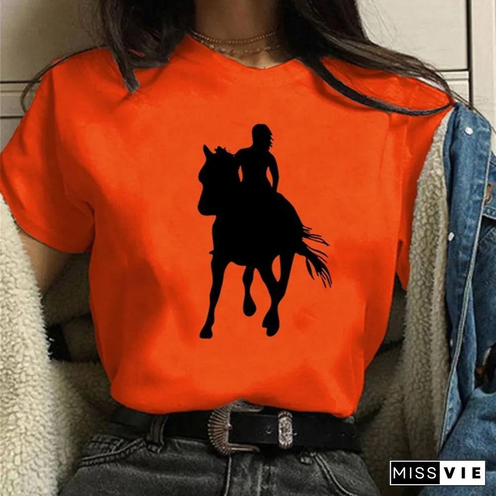 Womens Horse Print Knight Shirts Womens Tops Casual Tees Women Blouse Graphic T-Shirt