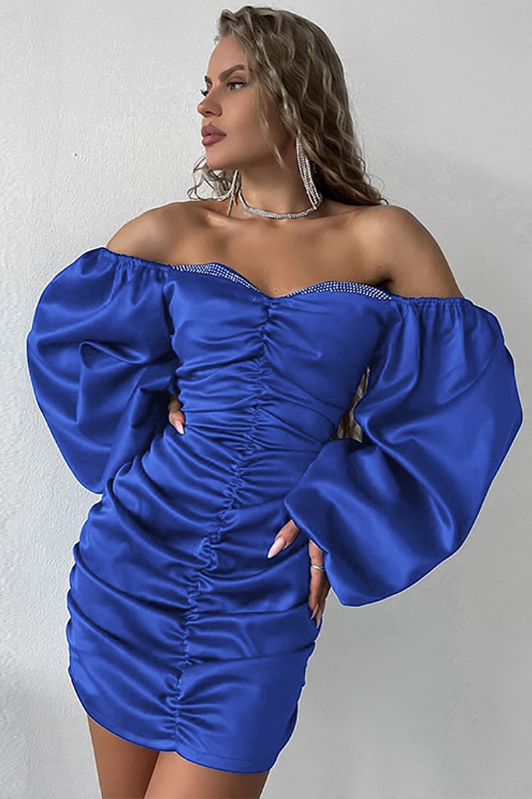 Off Shoulder Long Puffy Sleeve Ruched Cocktail Party Mini Satin Dresses